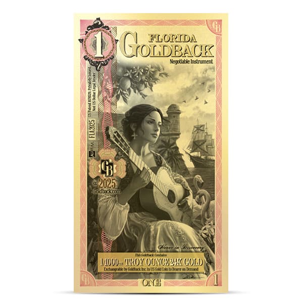 1 Florida Goldback - Harmonia, 1/1000th Troy Oz .9999 Gold-Backed Bill