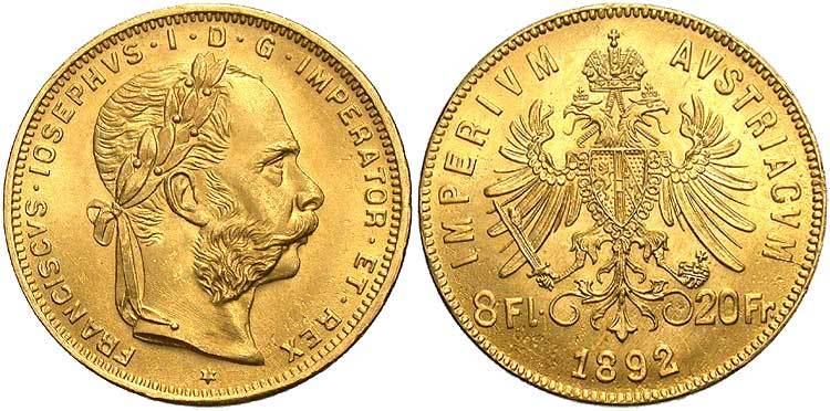 Austrian 20 Franc Gold Coins (.1867-oz AGW) - 1892 Restrike