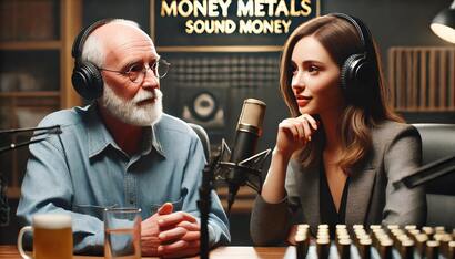 Money Metals Exchange Podcast ai image portraying Mike Maharrey and Judy Shelton Podcast by Joshua D Glawson Sound Money Defense League Independent Institute Gold Standard