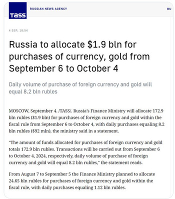 Russia to allocate 1.9 bln for purchases of currency gold from september 6 to october 4