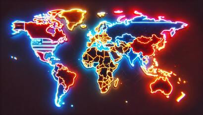 US vs BRICS neon map Money Metals Exchange